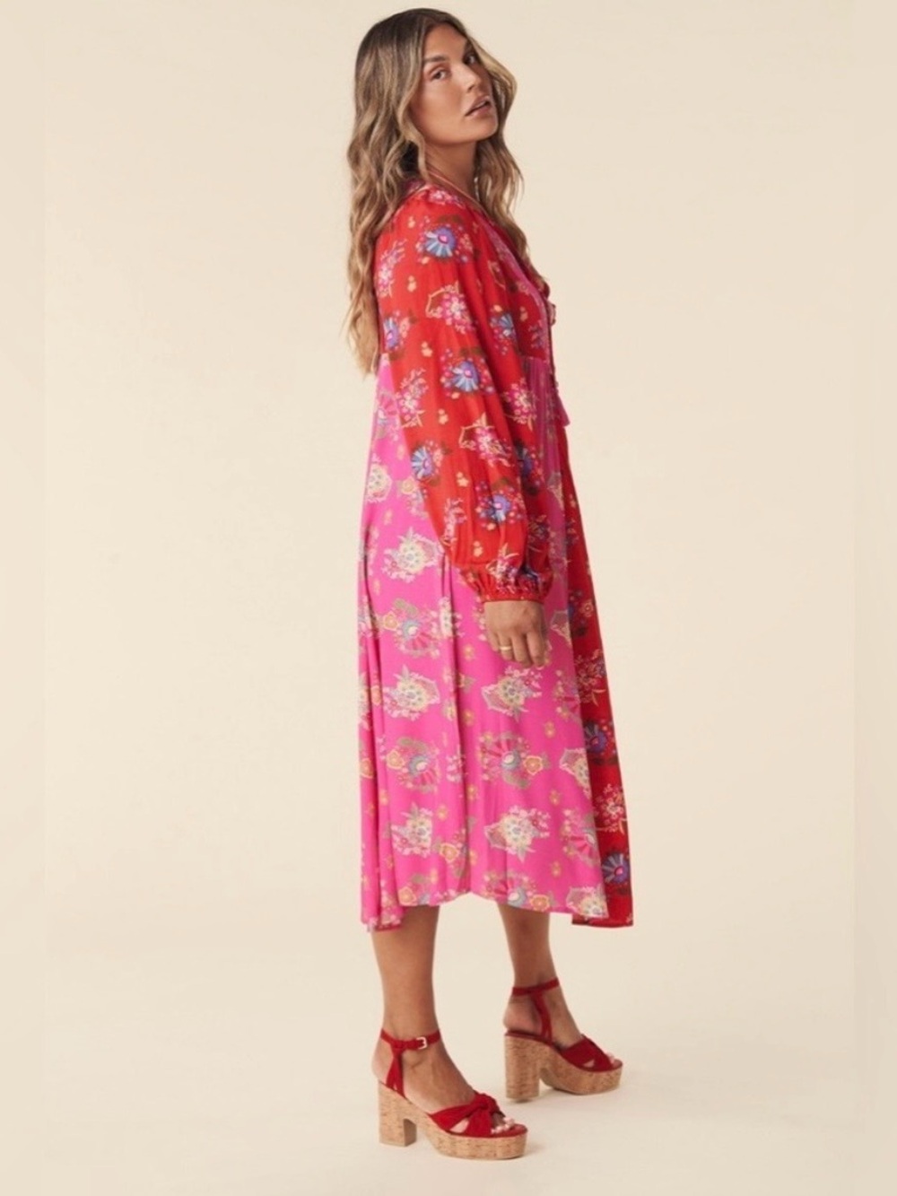 Spell Red & Pink Floral Midi Dress | Size Small - Picture 5 of 12